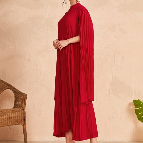Red Party Women's Stand Collar Cloak Sleeve Dress - Picture 3 of 6